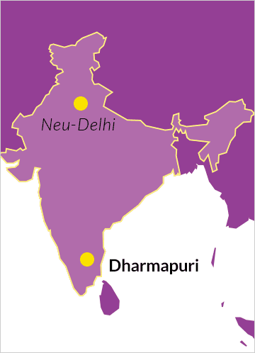 Karte von Indien mit dem Ort Dharmapuri im Bundesstaat Tamil Nadu sowie der Hauptstadt Neu-Delhi