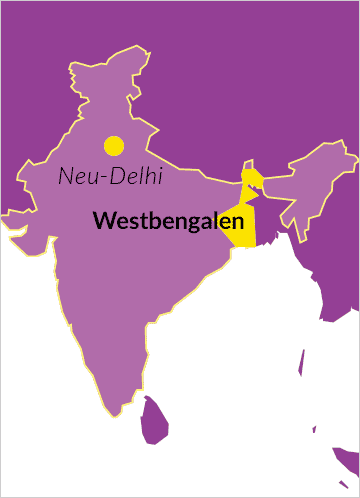Landkarte von Indien mit Hinweis auf Westbengalen sowie die Hauptstadt Neu-Delhi