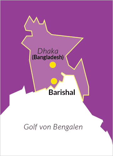 Karte von Bangladesch mit Verweis auf die Hauptstadt Dhaka und denn Distrikt Barishal