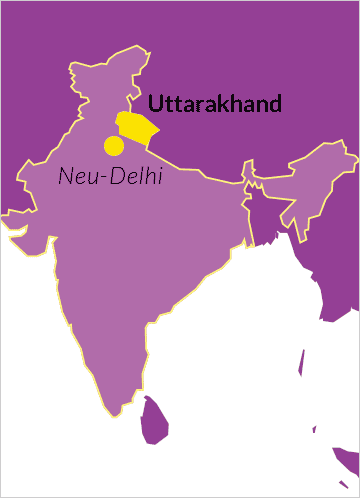 Karte von Indien mit Verweis auf den Bundesstaat Uttarakhand sowie der Hauptstadt Neu-Delhi
