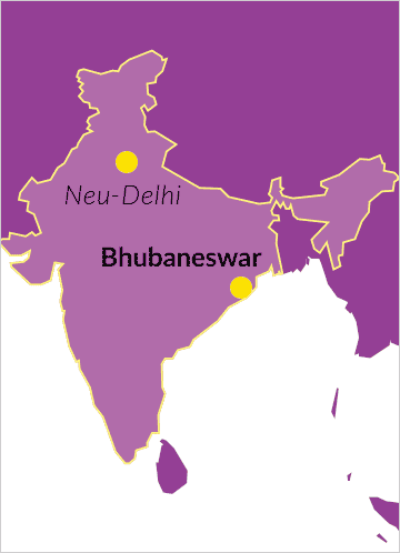 Karte von Indien mit Verweis auf Bhubaneswar sowie die Hauptstadt Neu-Delhi