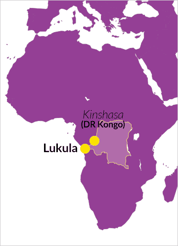 Karte der D.R. Kongo mit Verweis auf die Hauptstadt Kinshasa und die Stadt Lukula