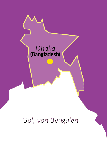 Karte von Bangladesh mit Verweis auf die Hauptstadt Dhaka