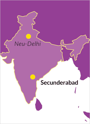 Karte von Indien mit Verweis auf die Hauptstadt Neu-Delhi und Secunderabad im Bundesstaat Telangana