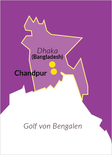 Karte von Bangladesch mit Verweis auf die Hauptstadt Dhaka und Chandpur