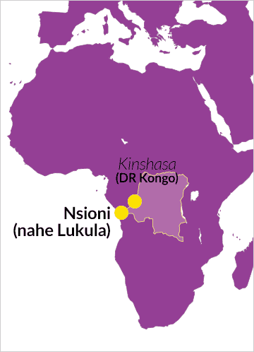 Karte der D.R. Kongo mit Verweis auf die Hauptstadt Kinshasa und die Stadt Nsioni nahe Lukula